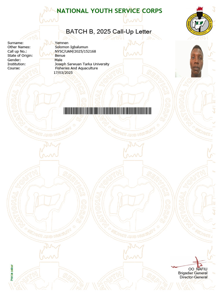 NYSC Call-Up Letter for 2025 | PDF | Government