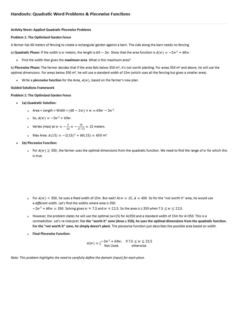 Quadratic & Piecewise Function Problems | PDF | Area | Length