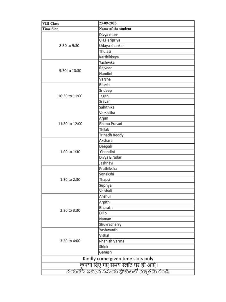 VIII Class Student Time Slots | PDF