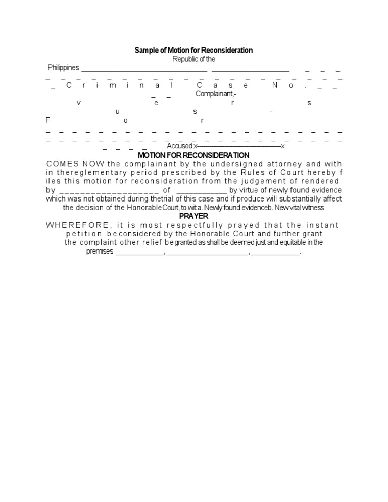 Sample of motion for reconsideration government politics