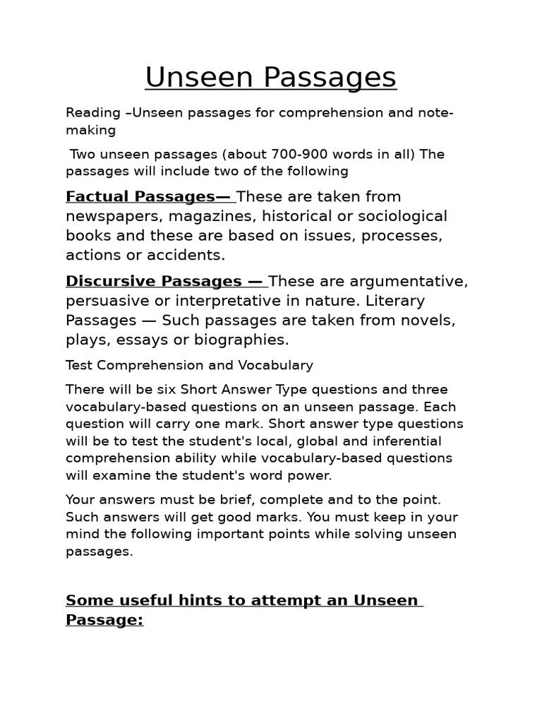 Unseen Passages: Comprehension Guide | PDF | Reading Comprehension ...