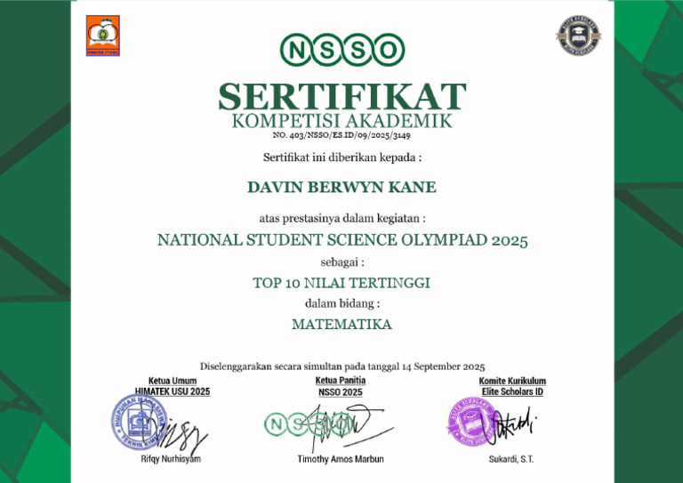 Davin Berwyn Kane - Sertifikat Top Nilai Tertinggi Nsso 2025 | PDF