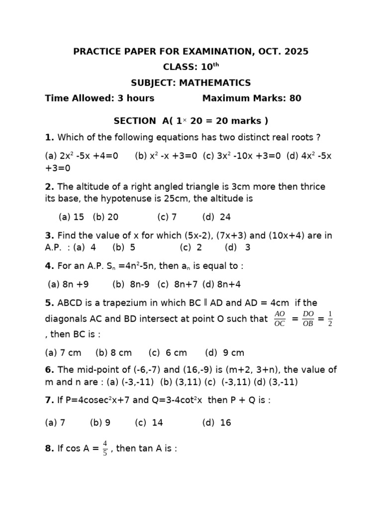 Class 10 Mathematics Practice Paper | PDF | Circle | Odds