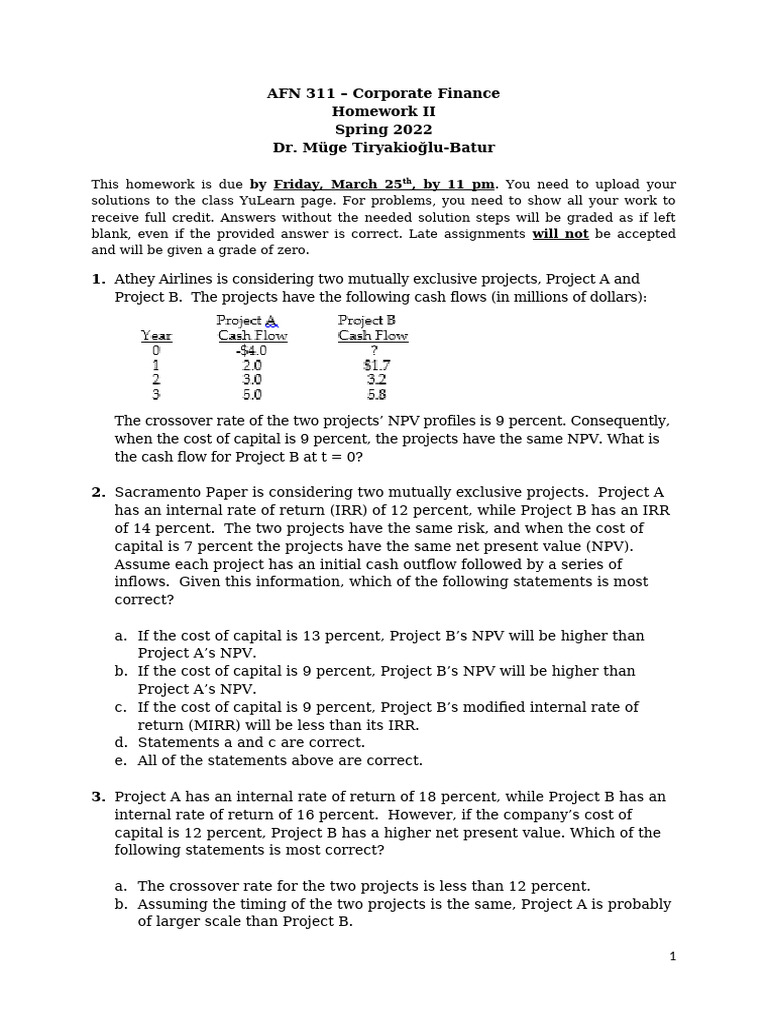 AFN 311 Homework 2 Spring 2022 | PDF | Net Present Value | Internal ...