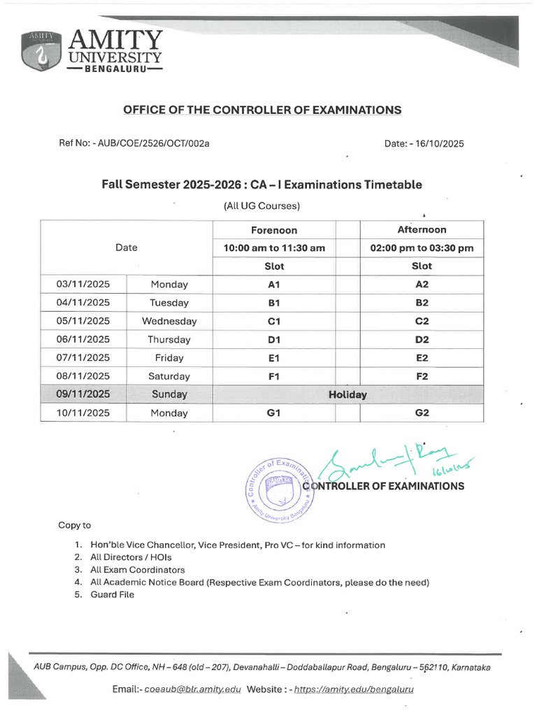 Fall Semester UG & PG CA-1 Time Table 2025-26 | PDF