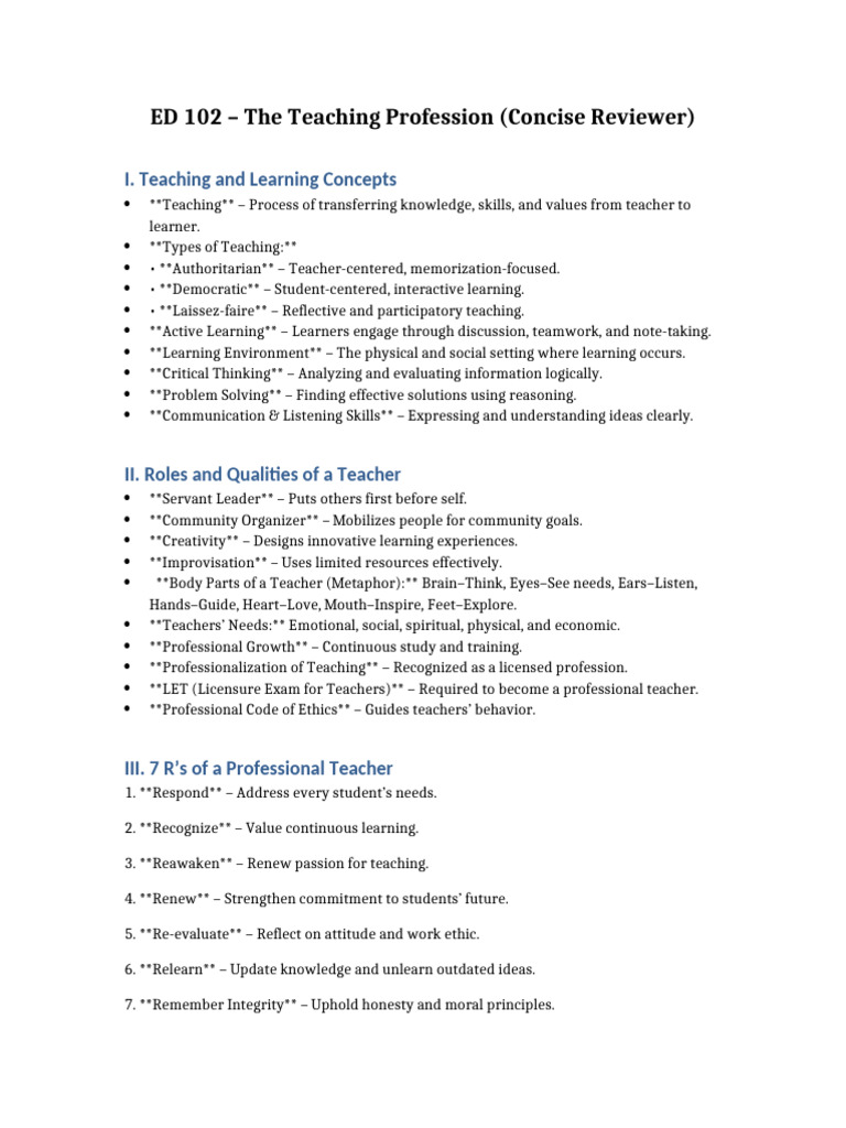 Teaching ProfessionReviewer Ramirezzzz | PDF | Learning | Teachers