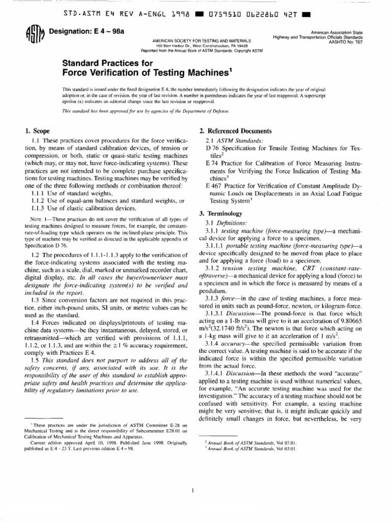 ASTM E4 Standard for Testing Machines | PDF | Force | Calibration