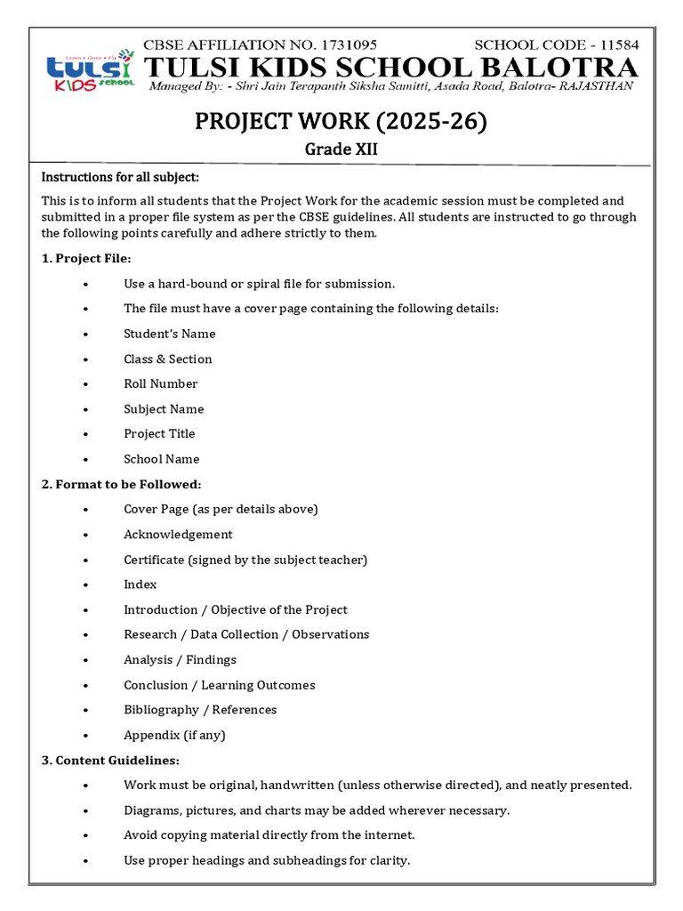 Grade XII Project Work Guidelines 2025-26 | PDF | Matrix (Mathematics ...