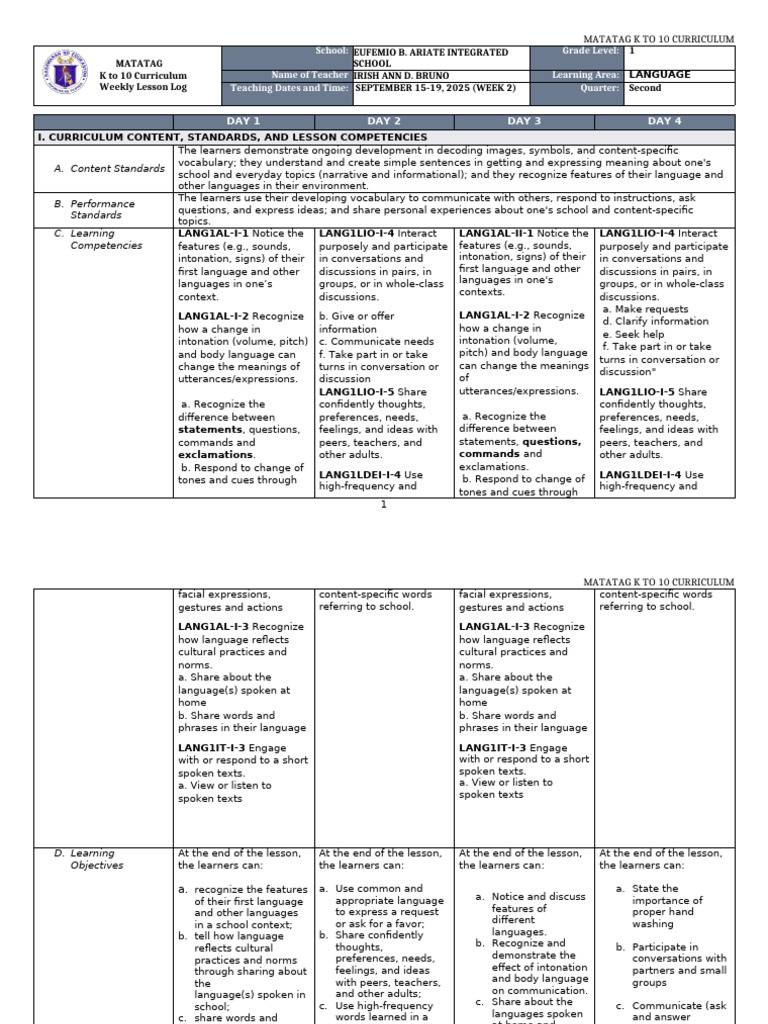 K to 10 Language Lesson Plan | PDF | Curriculum | Body Language