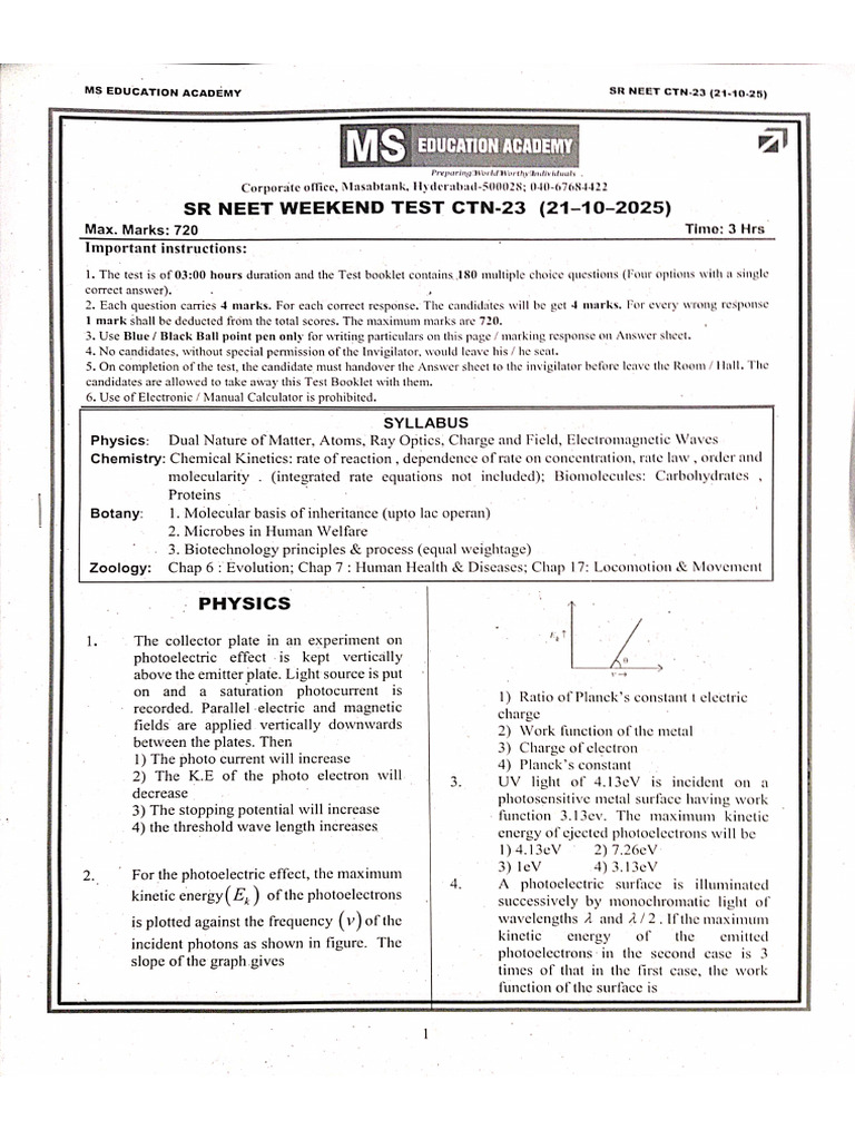 Senior NEET WEEKEND TEST (21-10-2025) . | PDF