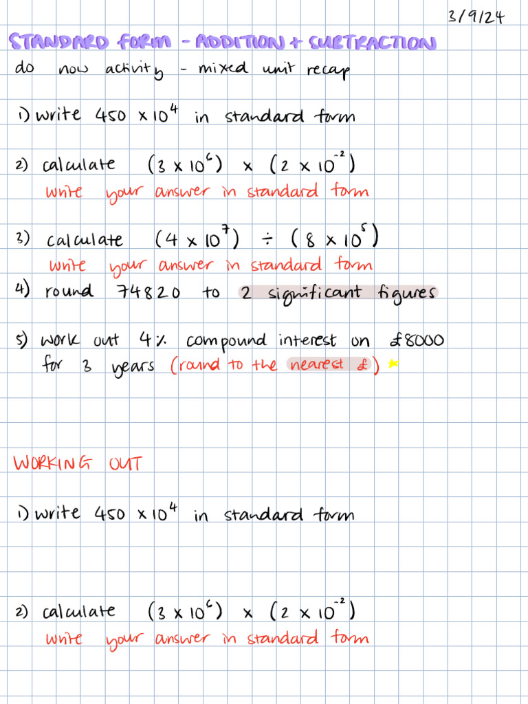 Standard Form Addition and Subtraction | PDF