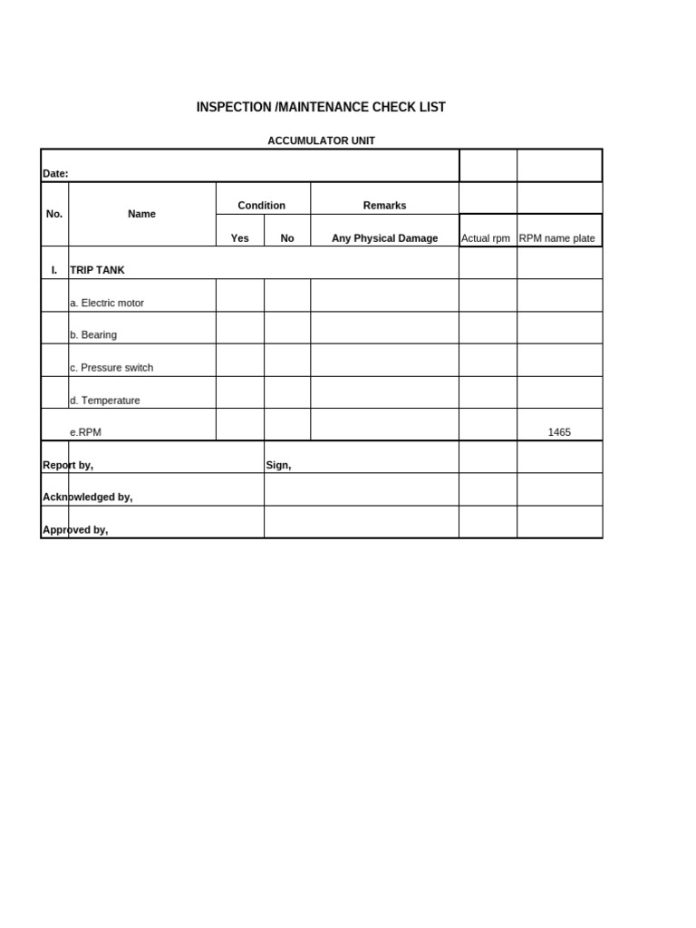 Accumulator Unit Inspection Checklist | PDF