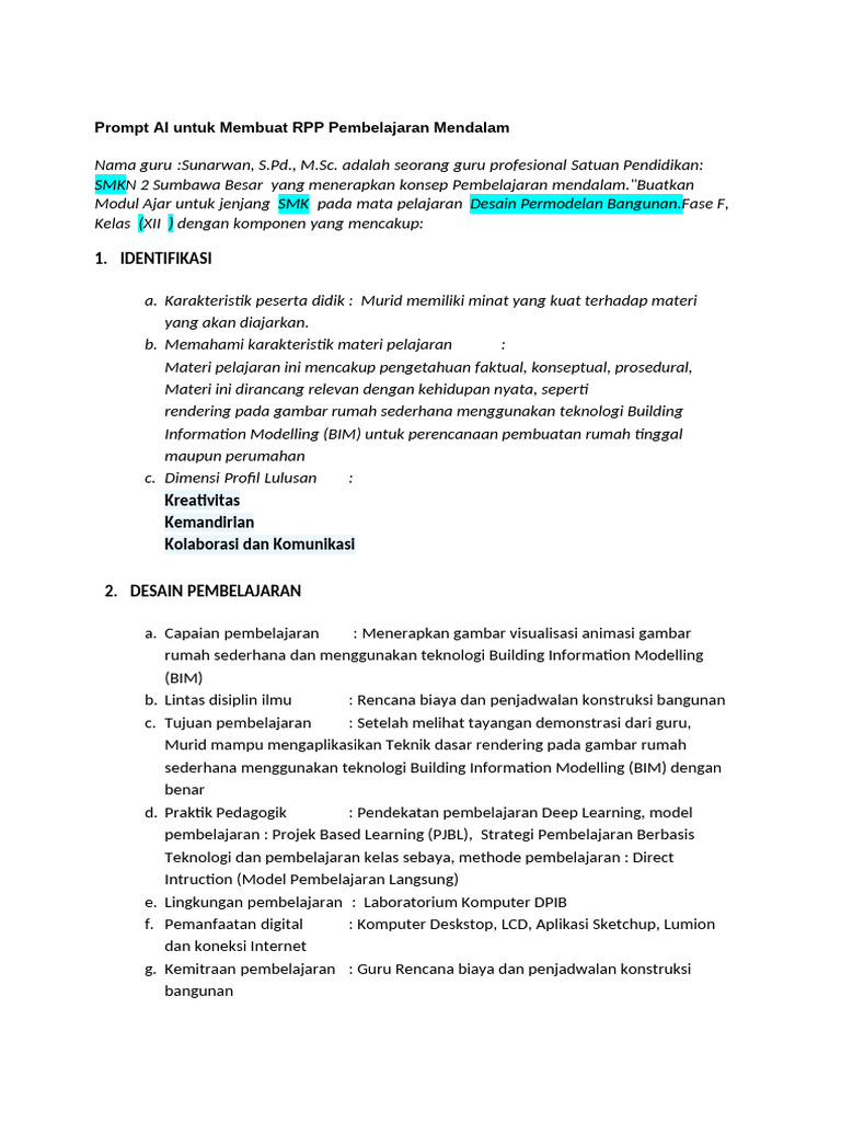 RPP Pembelajaran Deep Learning SMK Desain Bangunan | PDF