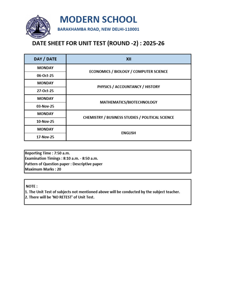 Modern School Unit Test Schedule 2025-26 | PDF