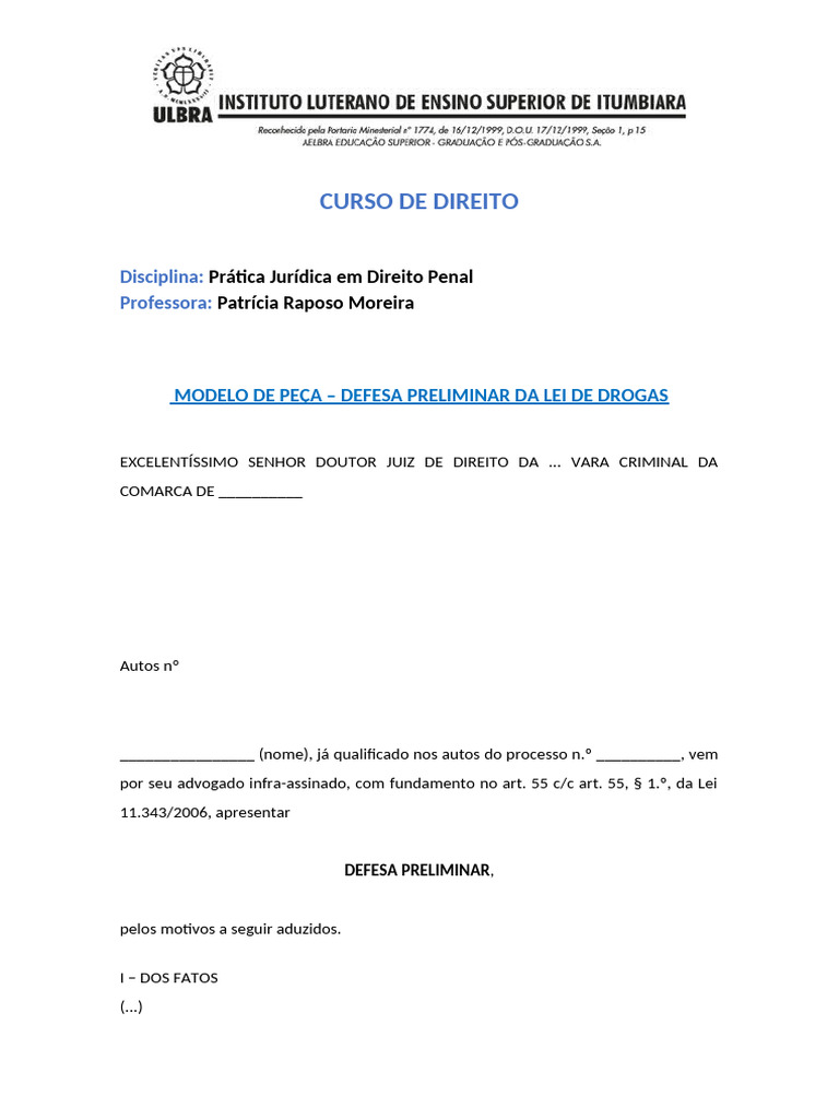 Modelo de Defesa Preliminar Lei de Drogas | PDF