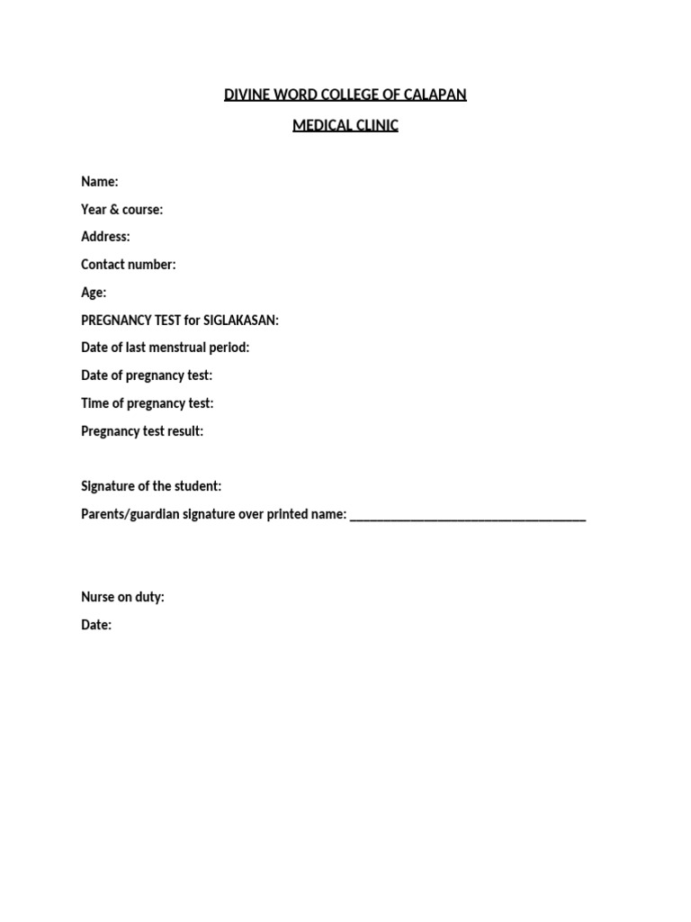 Pregnancy Test Form - Divine Word College | PDF