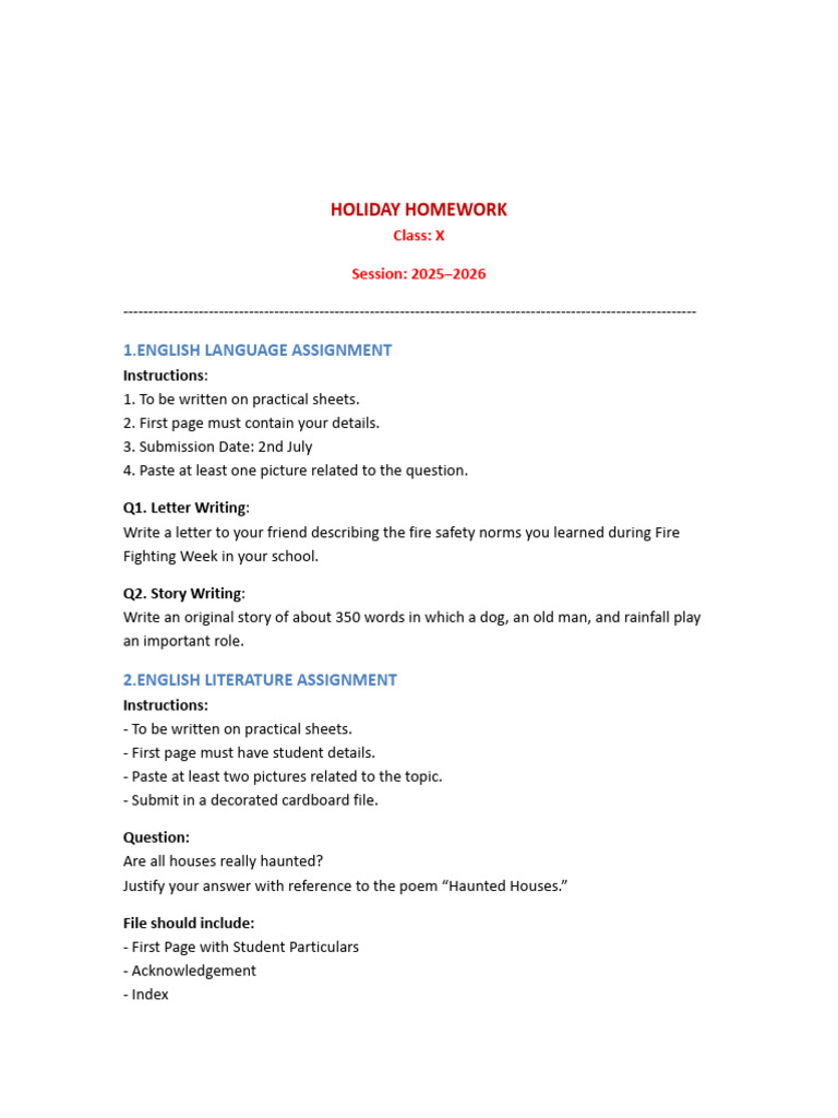 Class X Holiday Homework Assignments | PDF