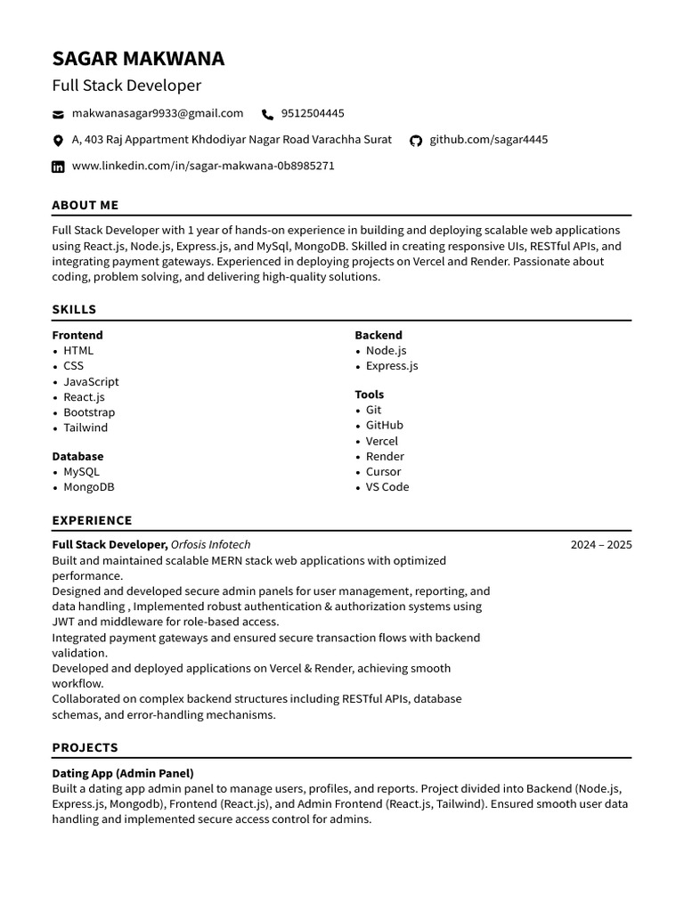 Sagar Makwana Flowcv Resume 20251007 | PDF | Database Transaction ...