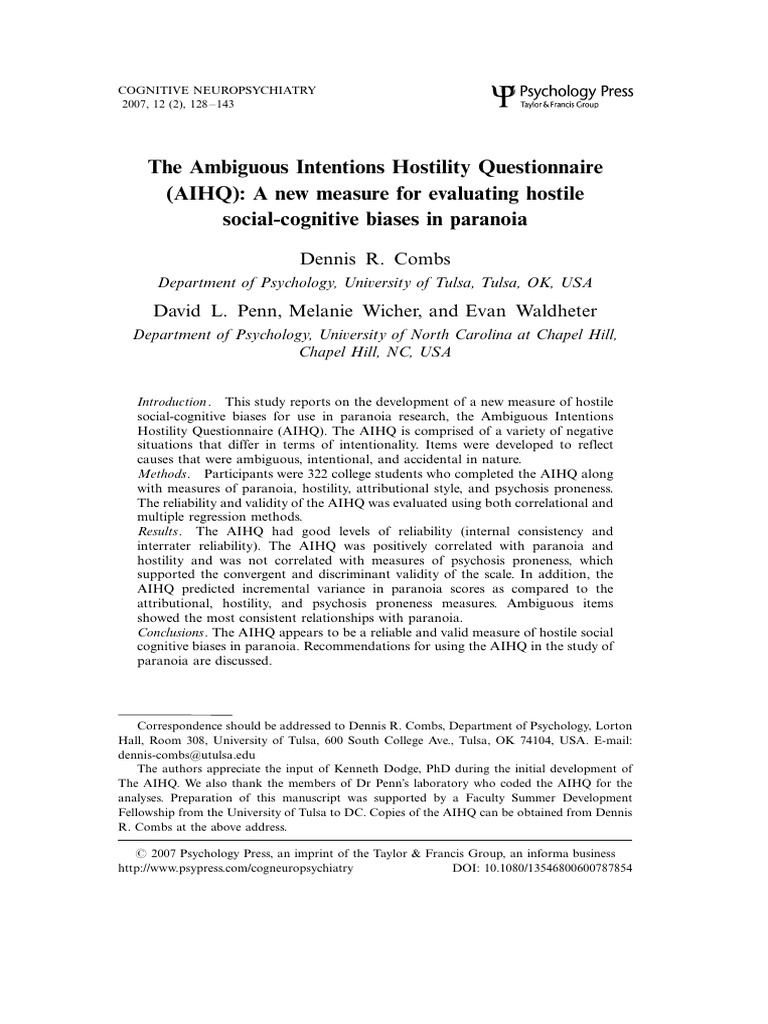 Ambiguous Intentions Hostility Questionnaire | PDF | Paranoia | Delusion