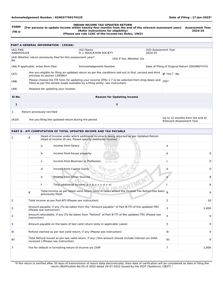 ITR-U Updated Return for AY 2024-25 | PDF | Tax Refund | Payments