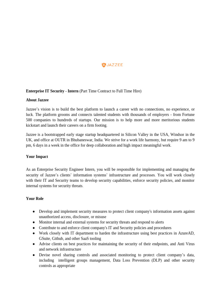 Enterprise IT Security Internship at Jazzee | PDF | Computer Security ...