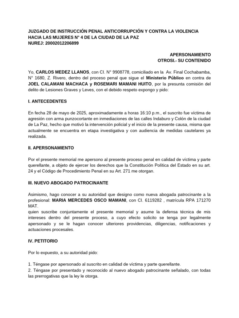 Apersonamiento en Caso de Lesiones Graves | PDF | Justicia | Crimen y ...