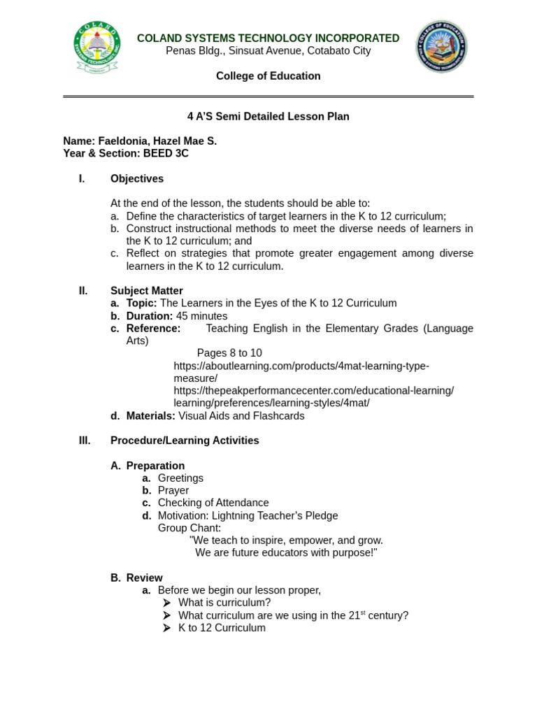 K to 12 Curriculum Lesson Plan | PDF | Curriculum | Learning