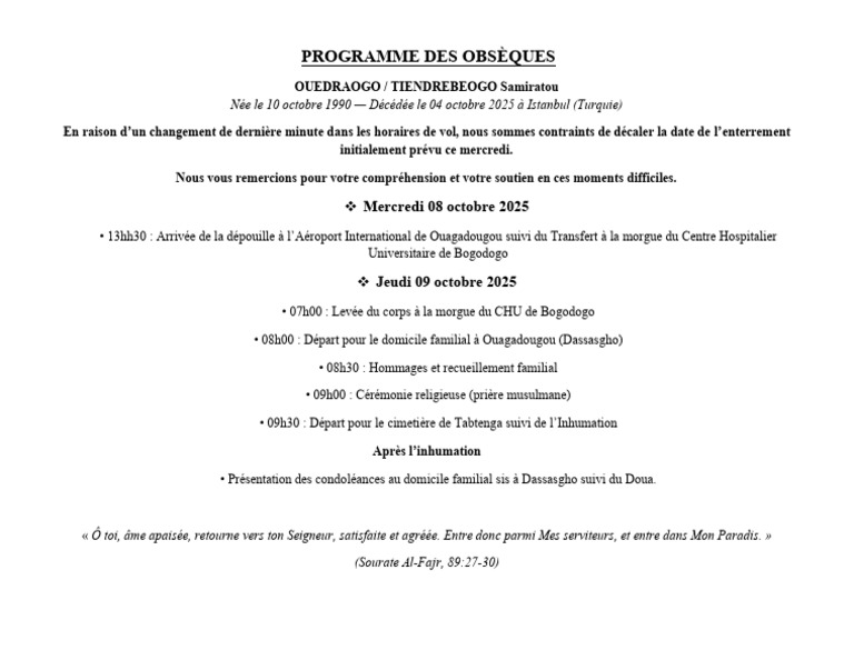 Programme des obsèques de Samiratou Ouédraogo | PDF