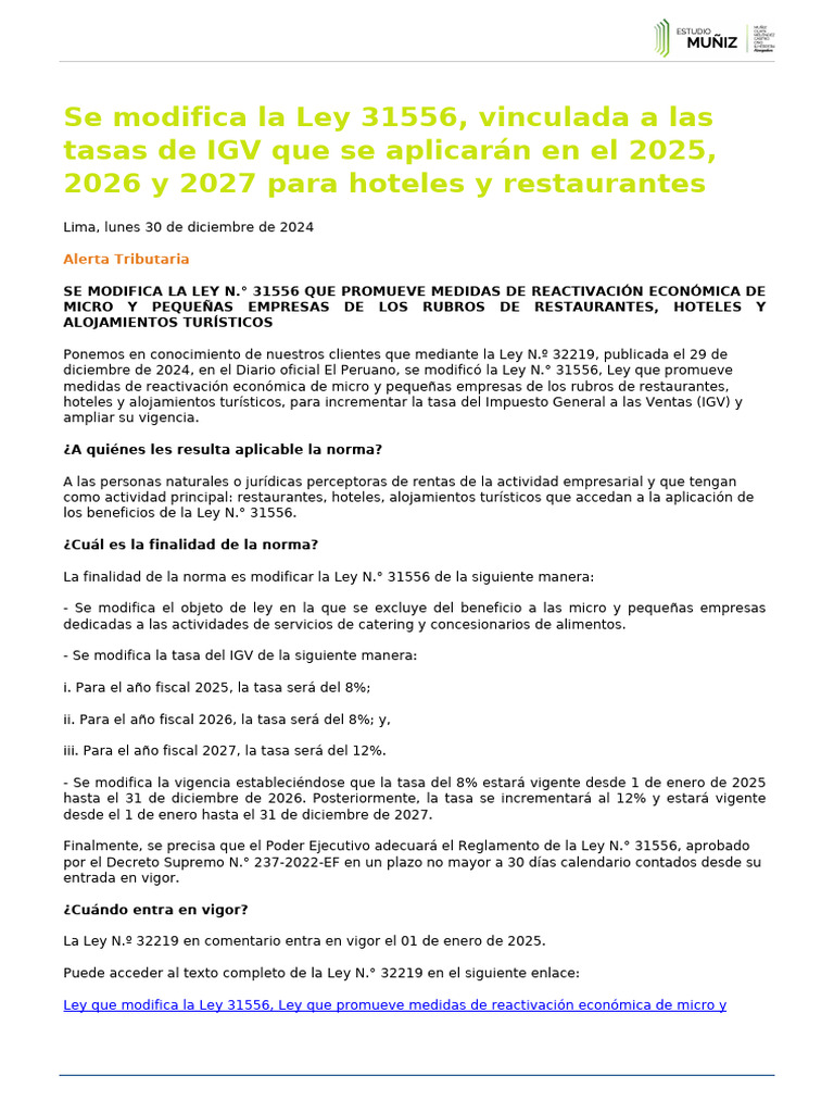 Se Modifica La Ley 31556 Vinculada A Las Tasas de Igv Que Se ...