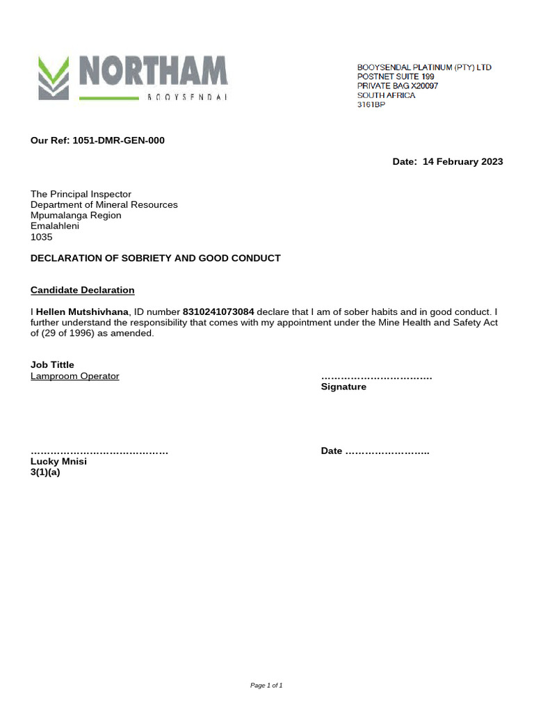 Declaration of Sobriety for Lamproom Operator | PDF