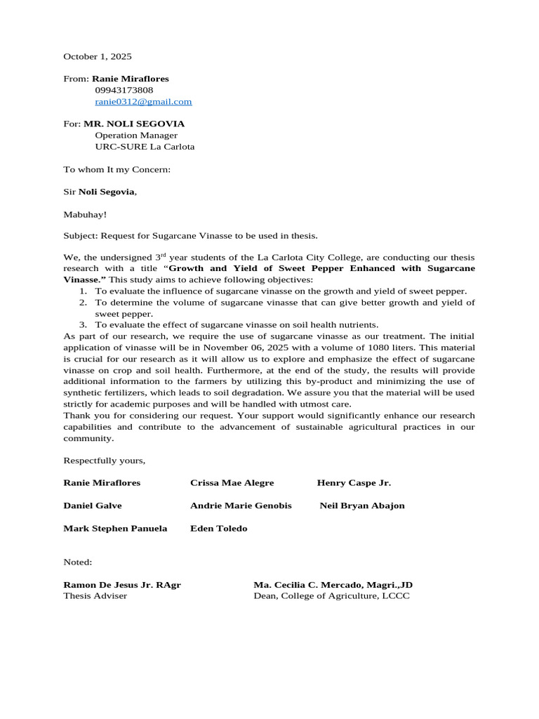 Request for Sugarcane Vinasse for Thesis | PDF