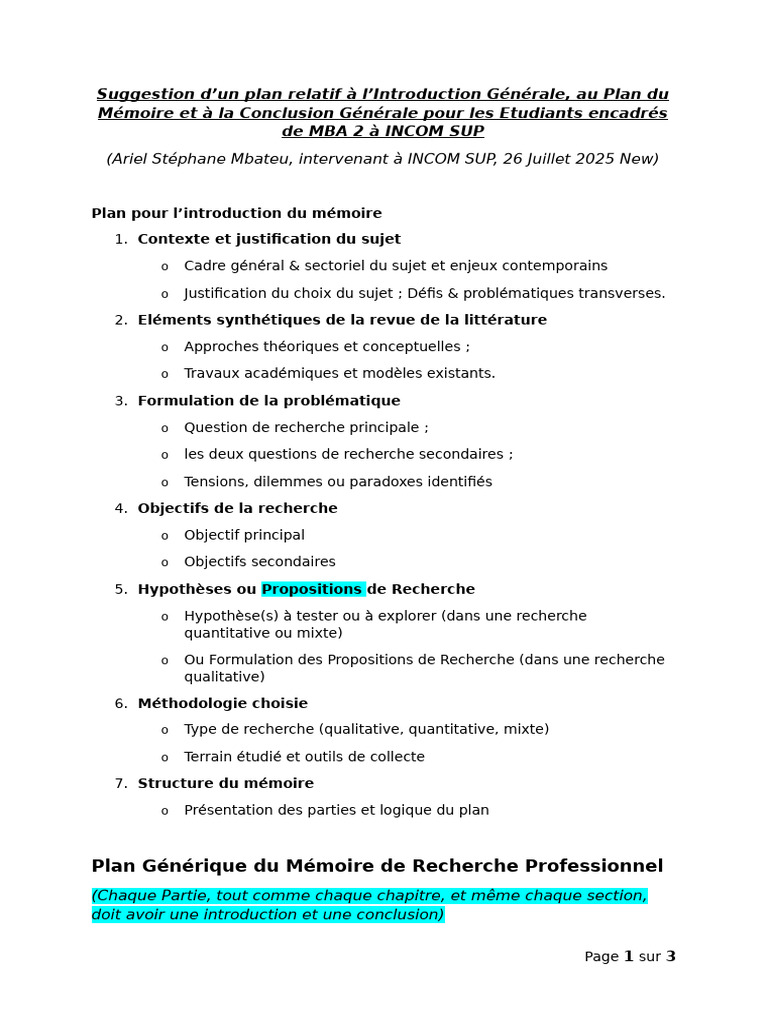 Plan de Mémoire pour Étudiants MBA INCOM SUP | PDF | Mémoire