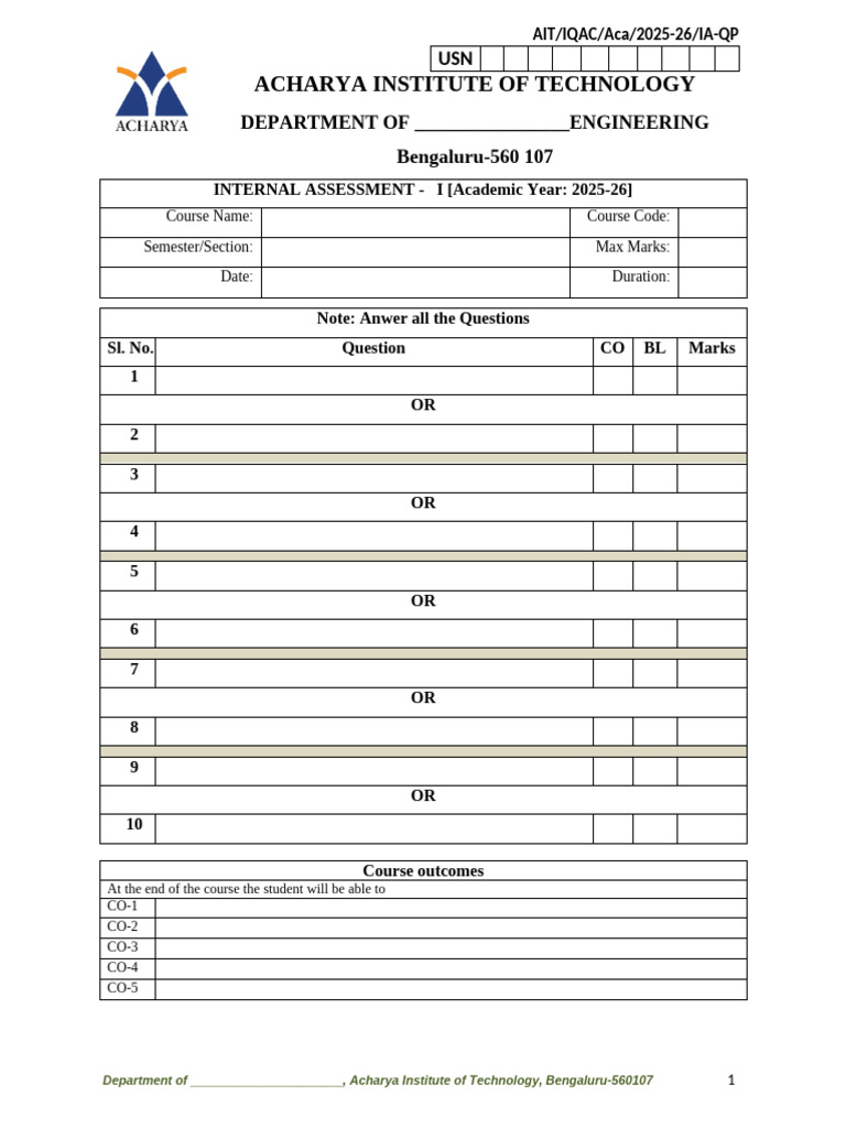 IA Question Paper Format - AIT-September 2025 | PDF