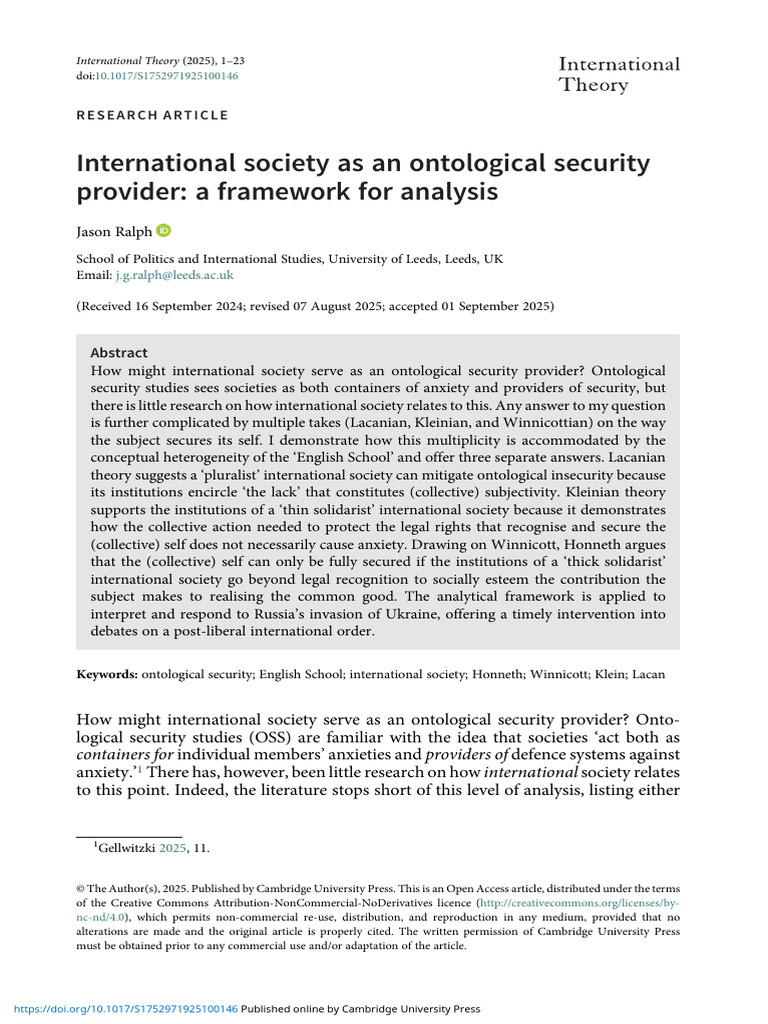 International Society and Ontological Security | PDF | Jacques Lacan ...
