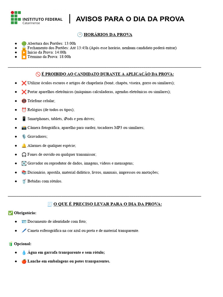Avisos para o Dia Da Prova | PDF