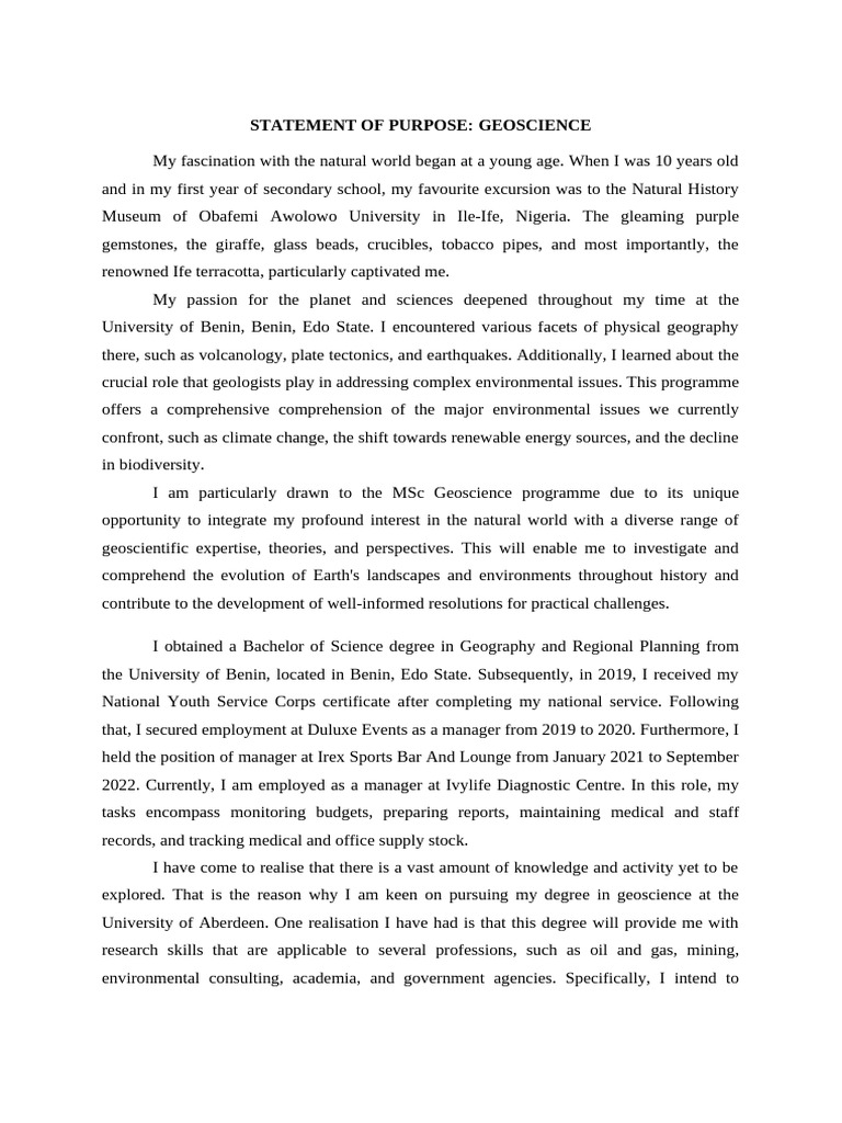MSc Geoscience Statement of Purpose | PDF | Earth Sciences | Science