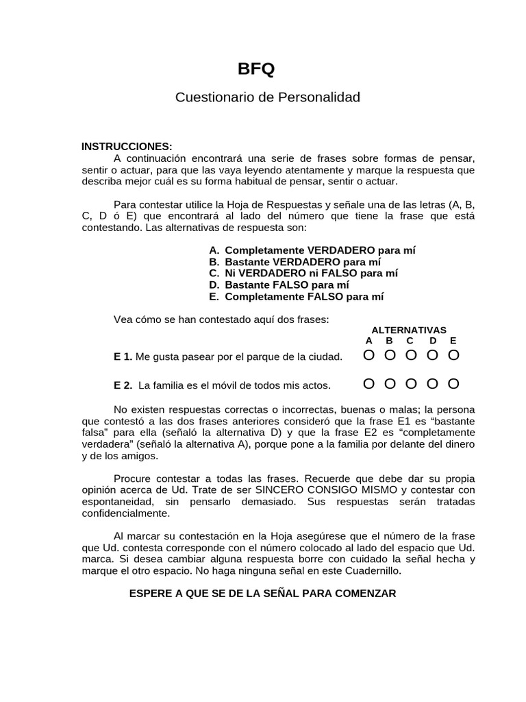 Cuestionario de Personalidad BFQ | PDF