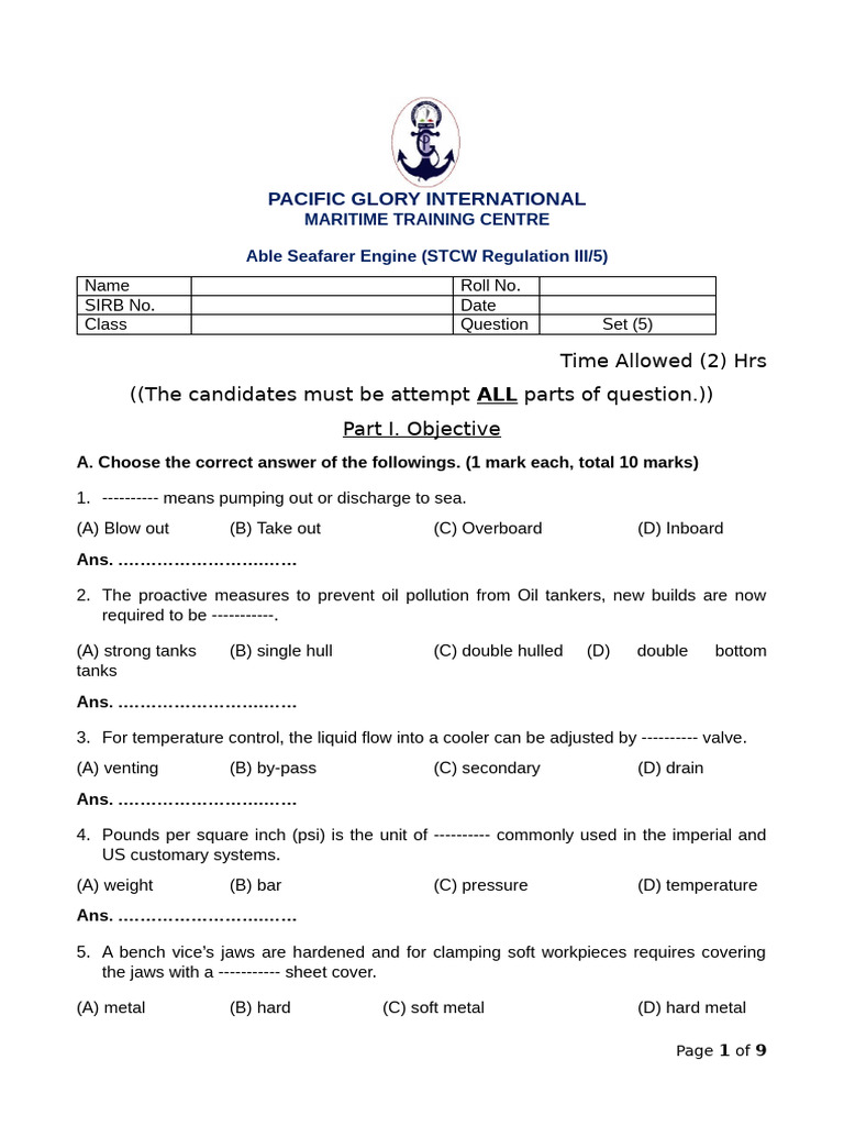 Able Seafarer Engine Exam Questions | PDF