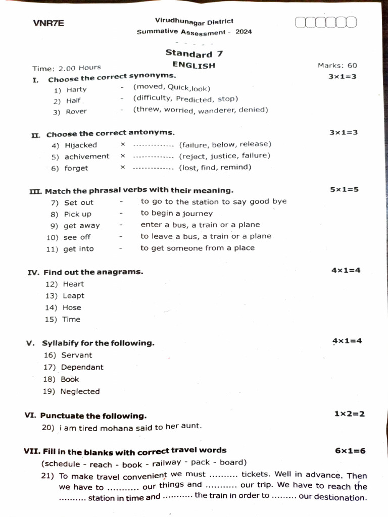 English Assessment for Standard 7 | PDF