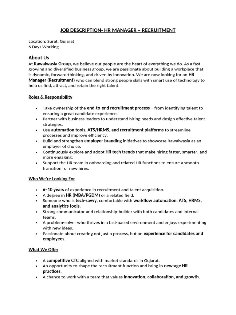 JD-HR Manger Recruitment | PDF