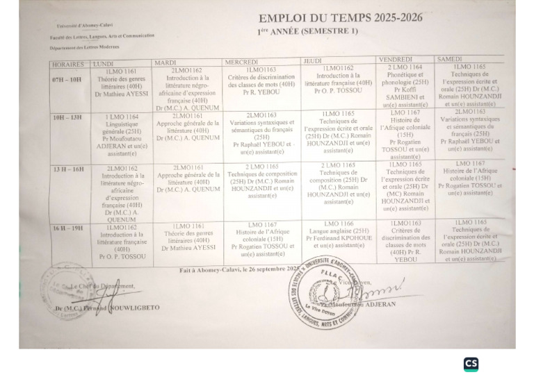Emploi Du Temps LMOD1 2025-2026 | PDF