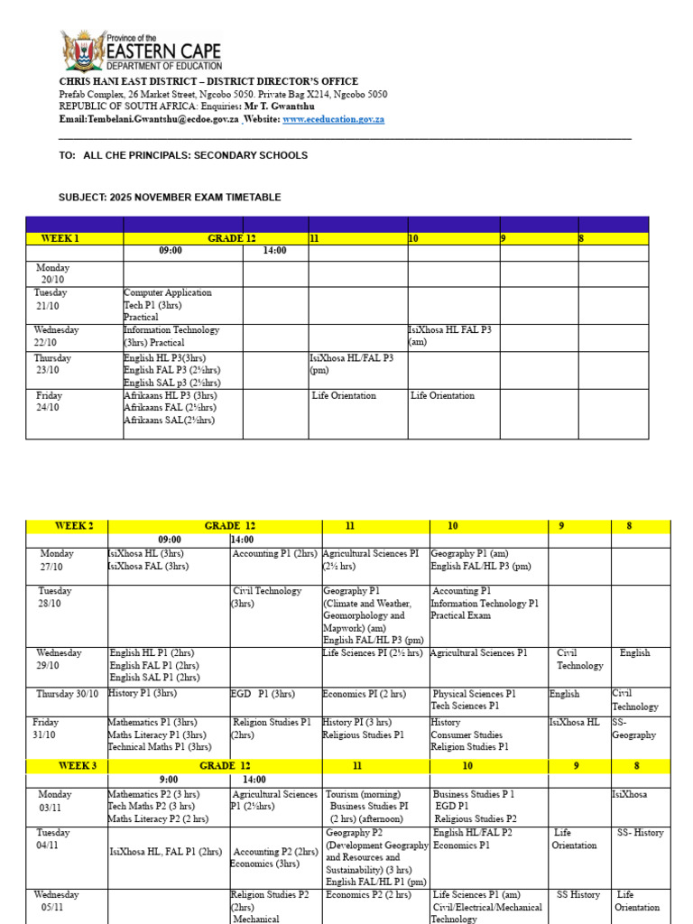 2025 Grade 12 November Exam Timetable | PDF | Mathematics | Science
