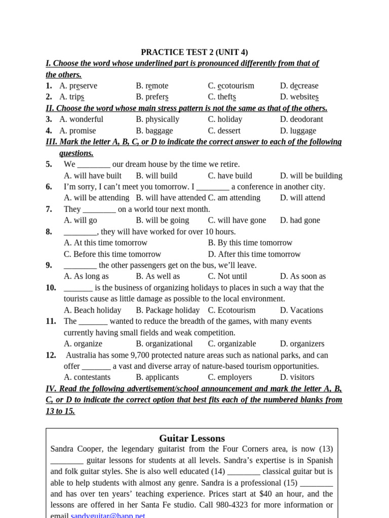 Unit 4 Practice Test 2 | PDF | Tourism