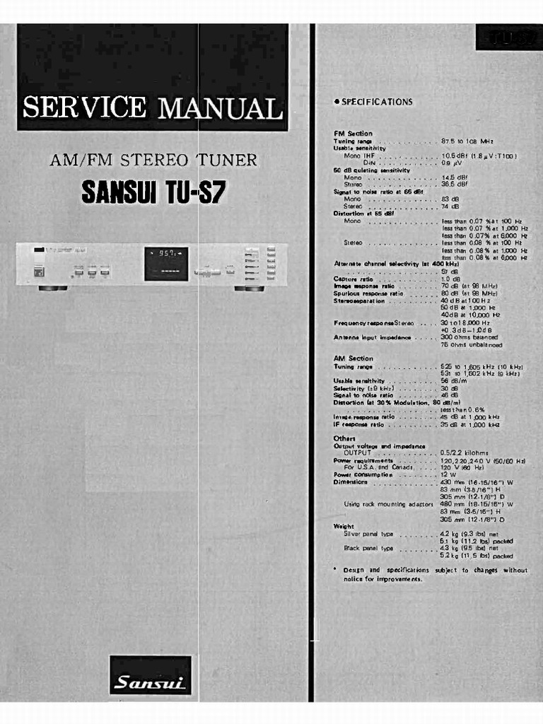 Sansui TU-S7 Tuner Specifications | PDF | Sound