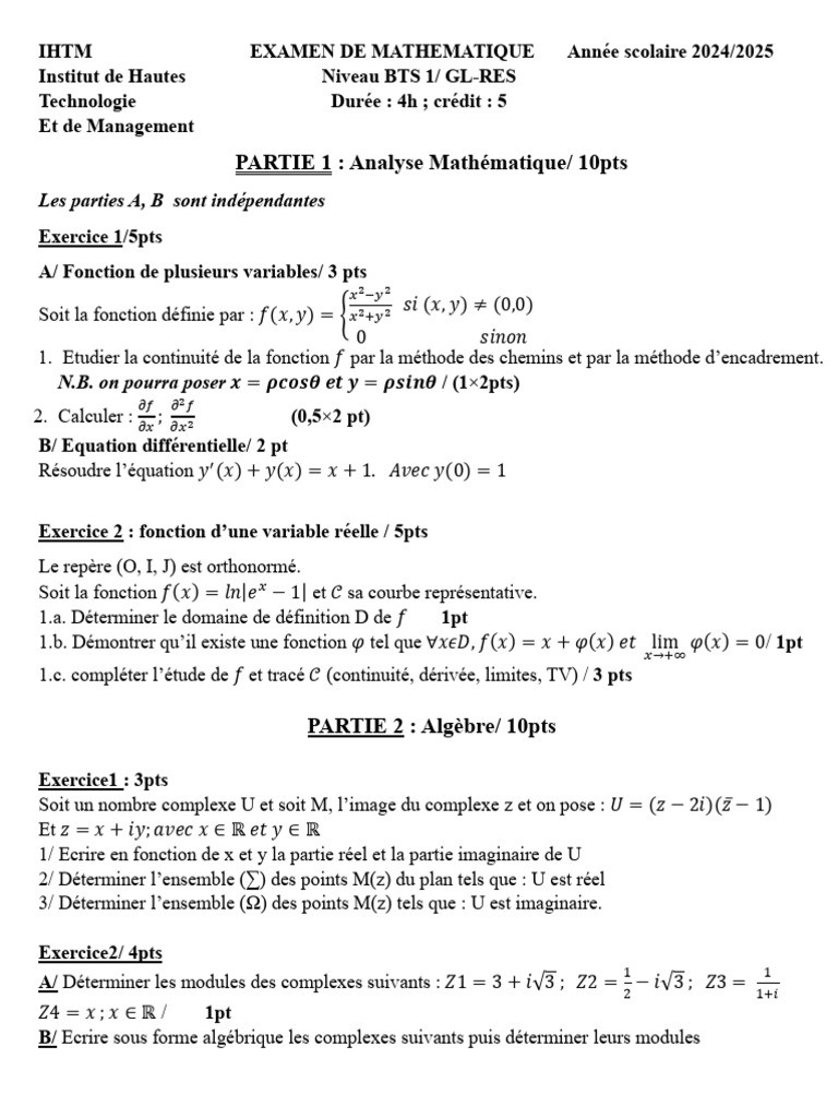Examen de Mathématiques BTS 2024/2025 | PDF | Fonction (Mathématiques ...