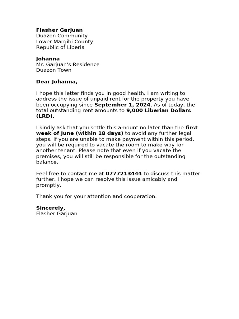 Unpaid Rent Notice for Duazon Property | PDF