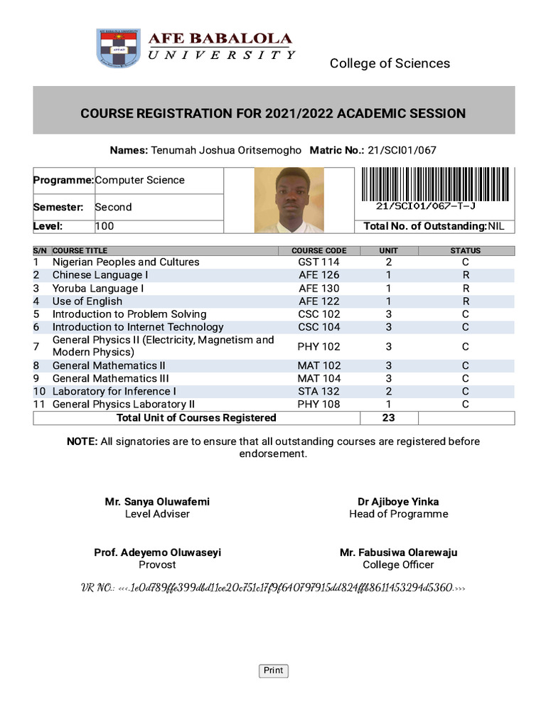 Course Registration Form Printout - Afe Babalola University ODL | PDF