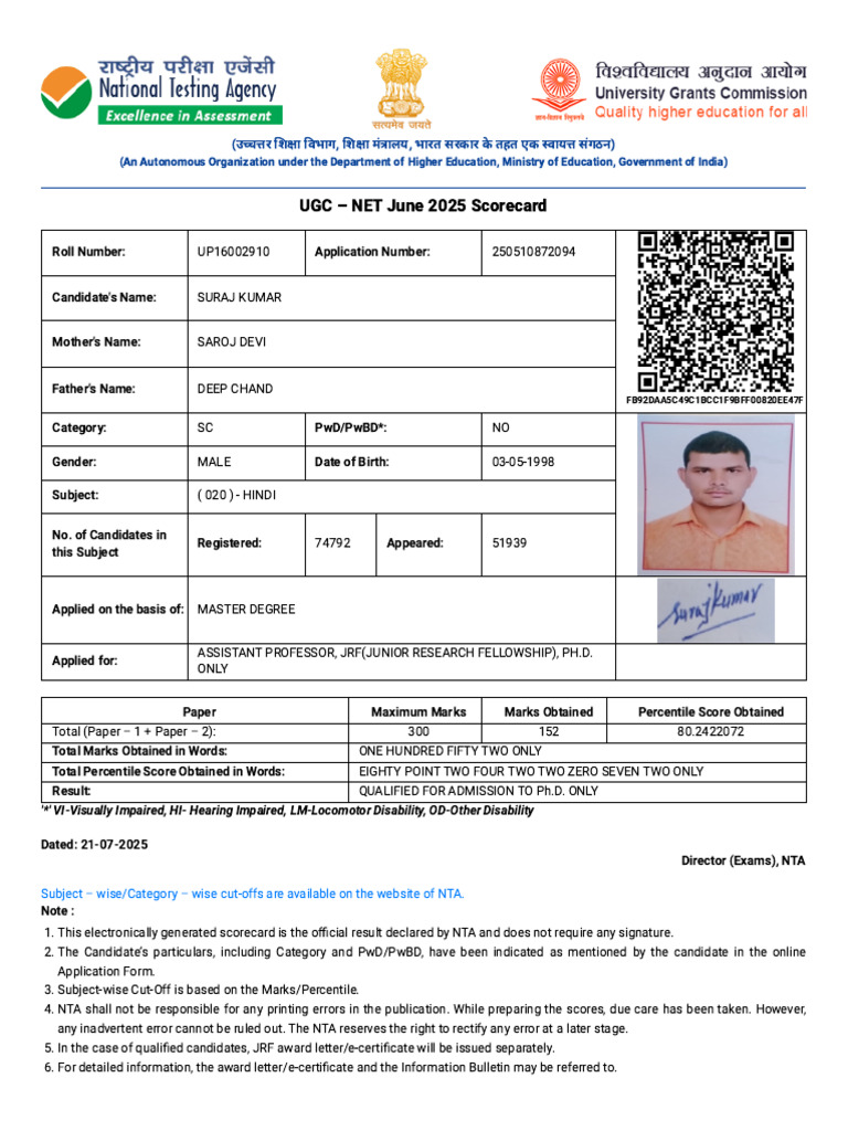 UGC NET June 2025 Scorecard Results | PDF | Higher Education ...