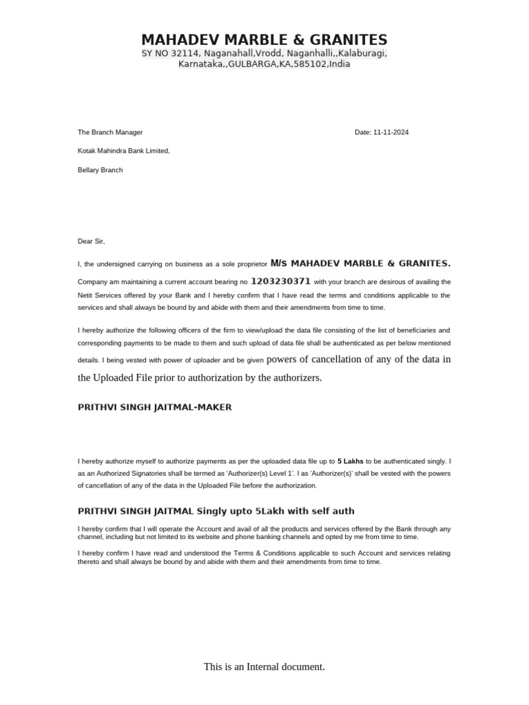 Mahadev Marble & Granites Bank Authorization | PDF