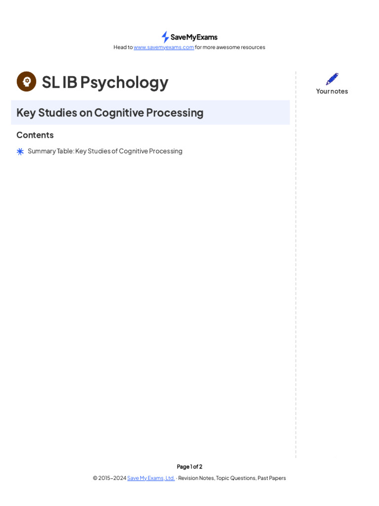 Summary Table Key Studies of Cognitive Processing | PDF